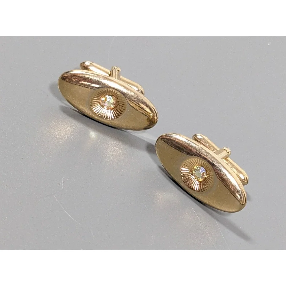 Vintage Swank Aurora Borealis AB Oval Cufflinks‎ Gold Tone